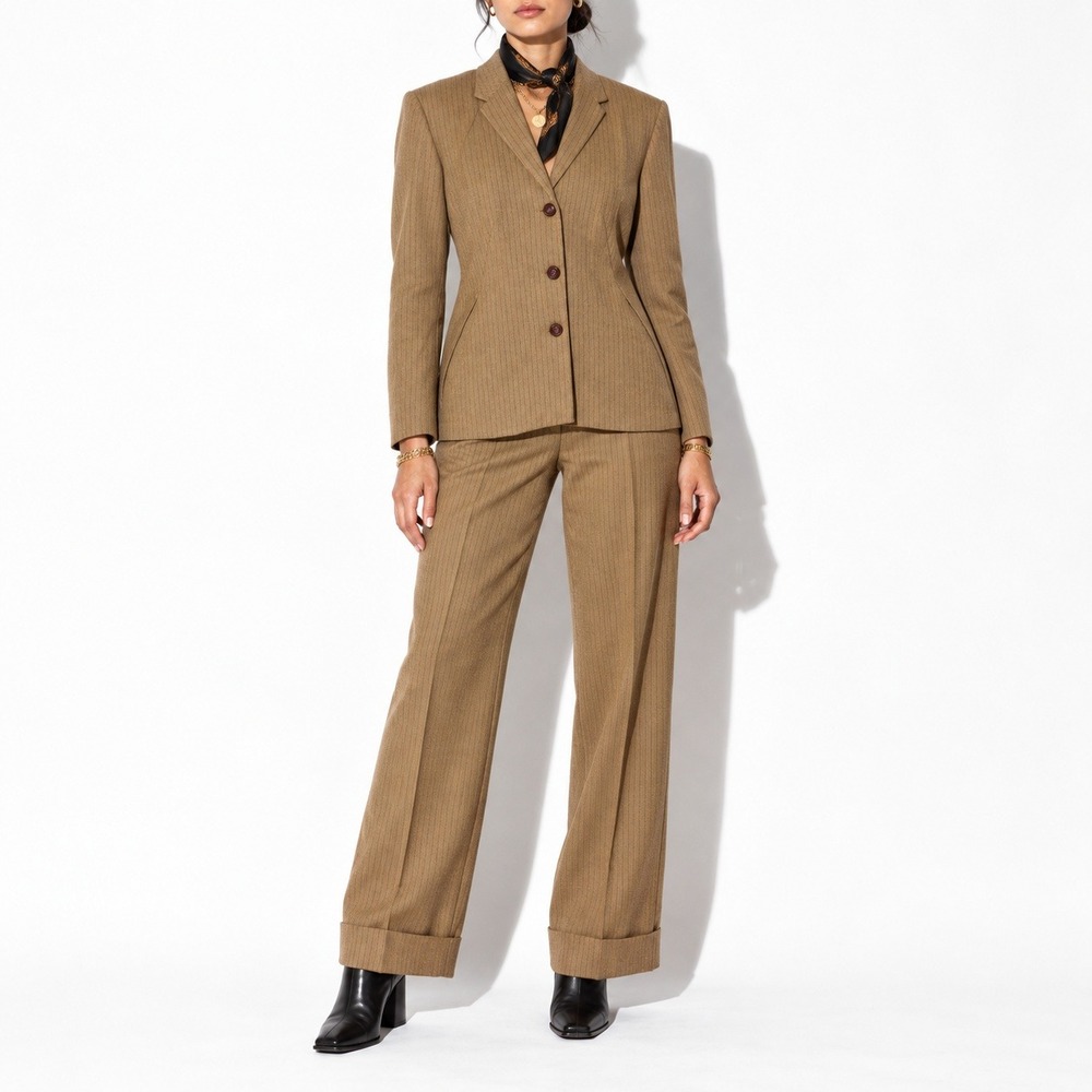 Y2k Tan Pinstripe Pantsuit Womens 4 Red B Moss Wide Cuffed Leg Tailored Blazer